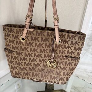 Michael Kors Brown MK Logo Tote with Pink Trim and Gold Charm